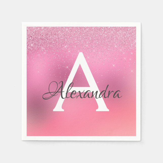 Guardanapo De Papel Aniversário do rosa Dourado Glitter Confetti Monog (Frente)