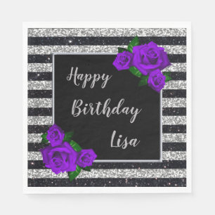 Guardanapo De Papel Aniversário do Rosa Roxo de Prata Preto