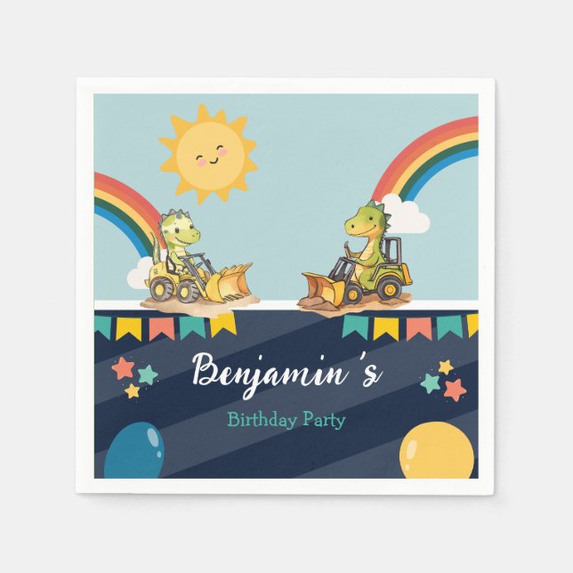 Guardanapo De Papel Aniversário do trator do escavador de dinossauro b (Frente)
