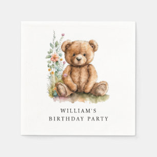 Guardanapo De Papel Aniversário do Urso de Teddy Simples, Aquarela