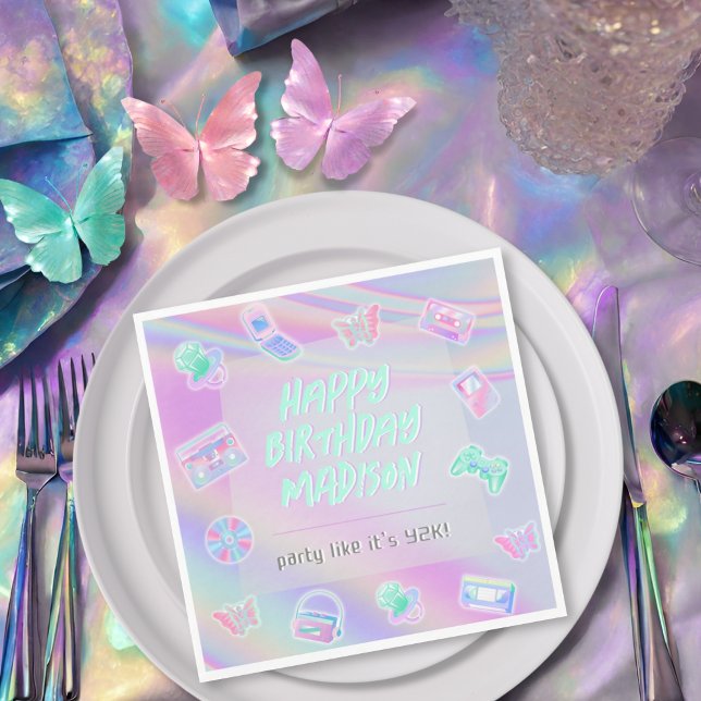Guardanapo De Papel Aniversário feliz iridescente do partido Y2K (Criador carregado)