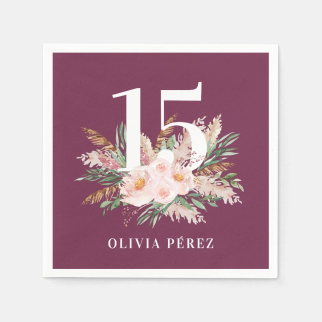 Guardanapo De Papel Aniversário moderno do Pampas floral roxo (Frente)