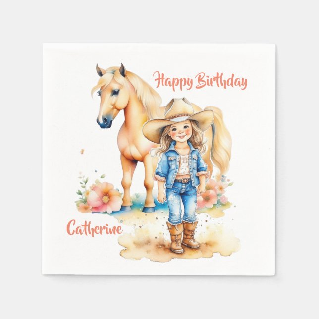 Guardanapo De Papel Aniversário Personalizado de Cowgirl e Cavalos Oci (Frente)