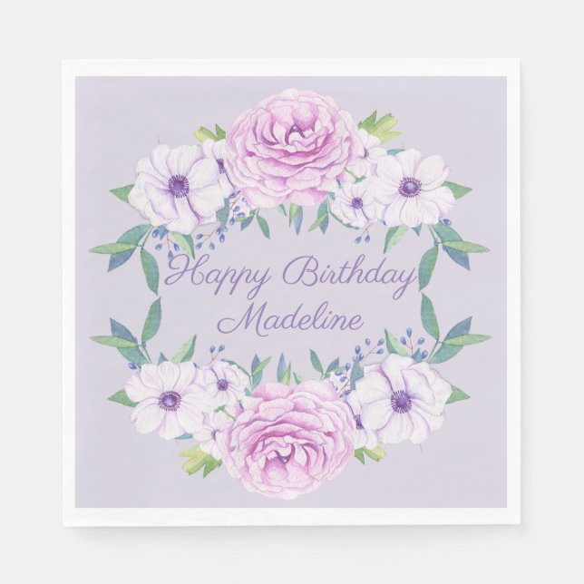 Guardanapo De Papel Aniversário Personalizado Floral de Lavanda Lilás  (Frente)