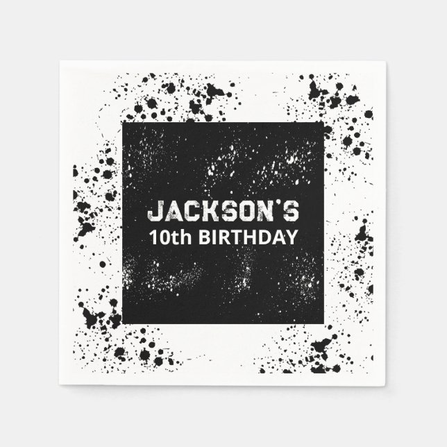 Guardanapo De Papel Aniversário Preto e Branco com respingos de tinta  (Frente)