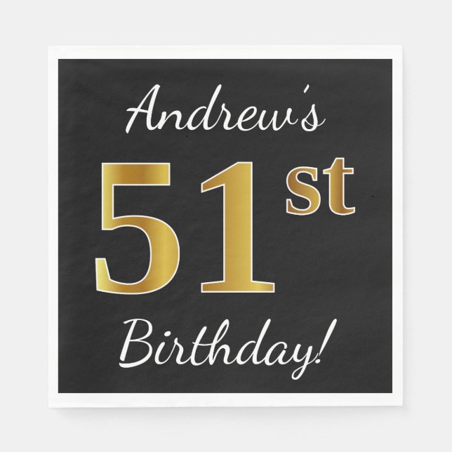Guardanapo De Papel Aniversário Preto, Faux Dourado 51 ruas + Nome Per (Frente)