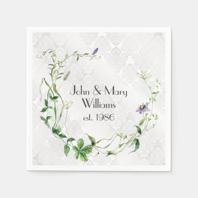 Guardanapo De Papel Aniversário Wildflower Wreath Em Damask (Frente)