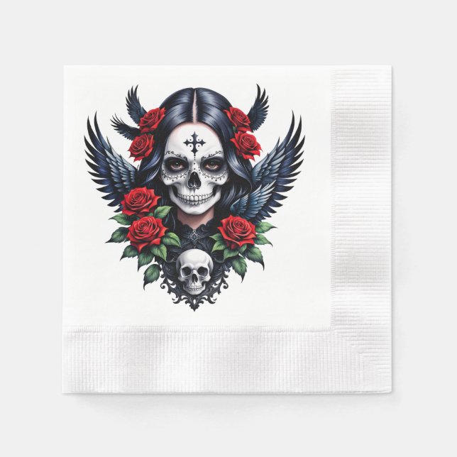 Guardanapo De Papel Anjo do Crânio de Açúcar com Rosas. (Frente)