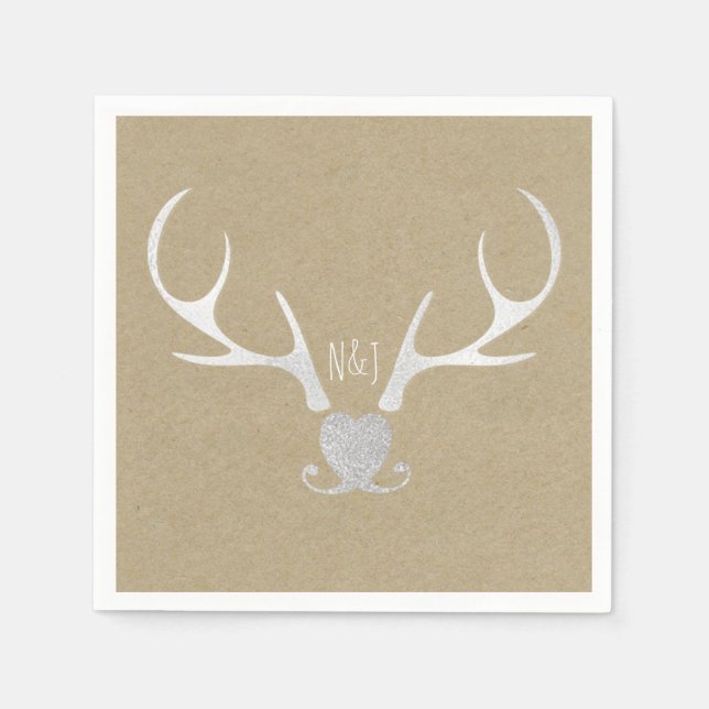 Guardanapo De Papel Antílope Prateado Branco & Casamento Rústico Marro (Frente)