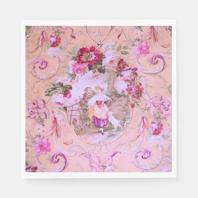 Guardanapo De Papel Antiquado Estilo Vitoriano de Rococo Toile Rosa Fl (Frente)