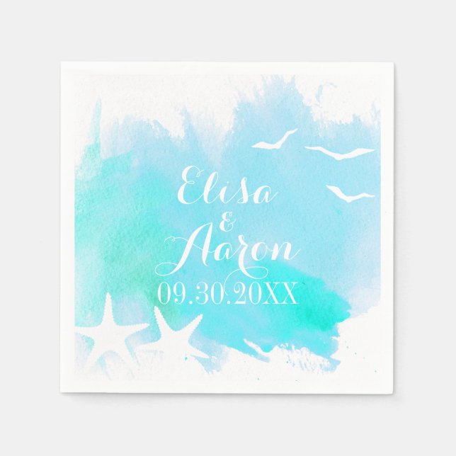 Guardanapo De Papel Aqua aquarela, casamento de praia de estrelas (Frente)