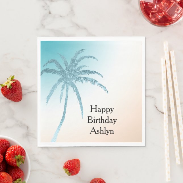 Guardanapo De Papel Aqua Peach White Palm Tree Birthday (Insitu)