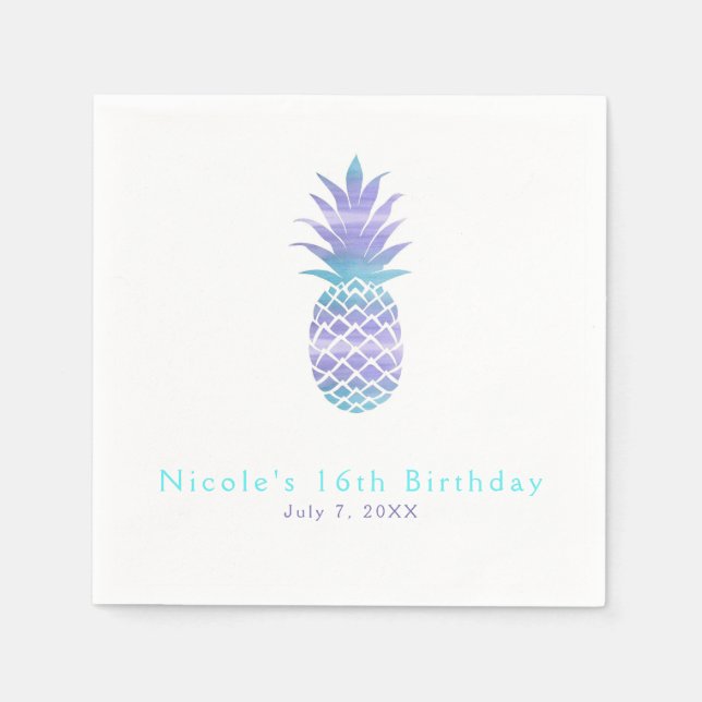 Guardanapo De Papel Aqua Teal & Purple Pineapple Tropical Chic Party (Frente)