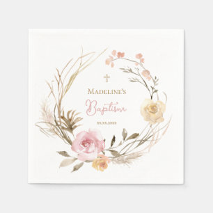 Guardanapo De Papel aquarela cor-de-rosa flores beges Batismo