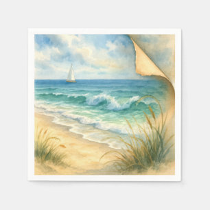 Guardanapo De Papel Aquarela de Praia e Barco à Vela