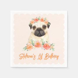 Guardanapo De Papel Aquarela e Flores de Pêssego Primeiro Aniversário