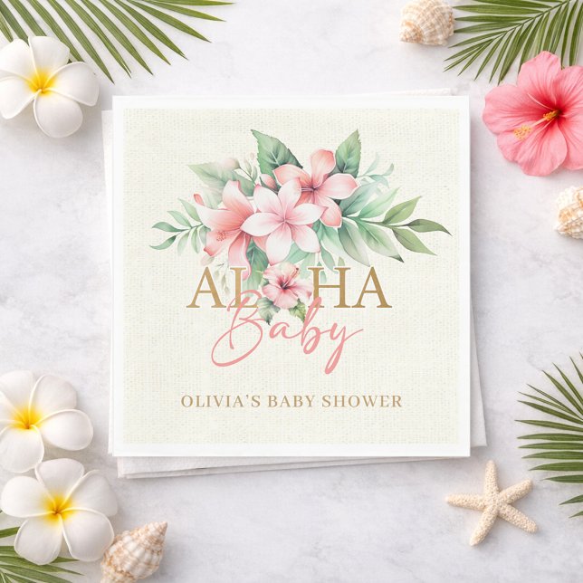 Guardanapo De Papel Aquarela Floral Tropical Rosa Aloha Baby Shower (Watercolor Tropical Pink Floral Aloha Baby Shower Napkins)