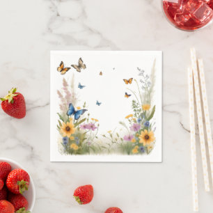 Guardanapo De Papel Aquarela Flores Silvestres Gramíneas E Borboletas,