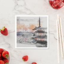Aquarela Pagode Japonesa & Montanha Fuji Cênica 