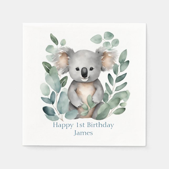 Guardanapo De Papel Aquarela Personalizada Koala Bear Aniversário (Frente)
