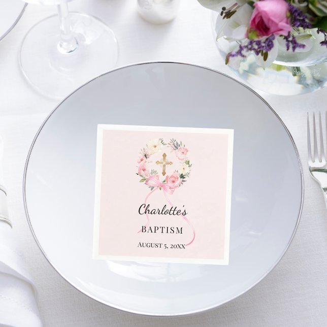 Guardanapo De Papel Aquarela rosa batismo menina floral coroa cruz (Criador carregado)