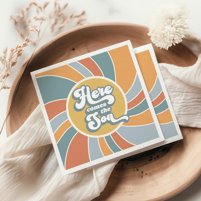 Guardanapo De Papel Aqui Vem O Chá de fraldas Do Filho Groovy Retro Su (Criador carregado)