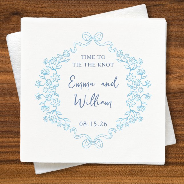 Guardanapo De Papel arco "Amarrar o Nó" e Design Floral Casamento Pers (Charming 'Time to Tie the Knot' wedding napkins with floral and bow design, customizable and elegant)