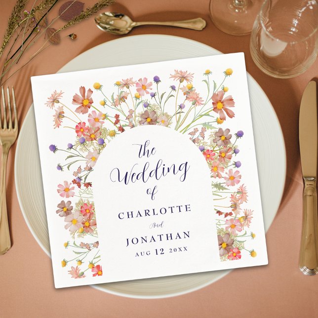 Guardanapo De Papel Arco Floral Rústico de Flores Silvestres Boho Casa (Boho fall rustic wildflower floral arch navy blue script white wedding custom paper napkins)