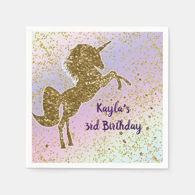 Guardanapo De Papel Arco-íris Pastel Dourado Glitter Unicórnio Estrela (Frente)
