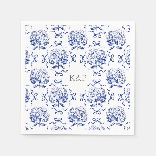 Guardanapo De Papel Arco Preppy Blue Toile Hydrangea com nome (Frente)