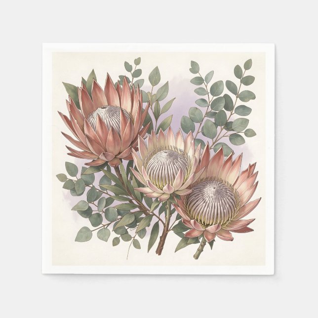 Guardanapo De Papel Arranjo Botânico de Eucalipto Protea Rosa  (Frente)