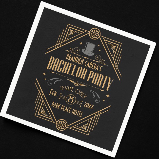 Guardanapo De Papel Art Deco Bachelor Party SpeakEasy Favor (bachelor party paper napkin Art Deco speakeasy 1920s theme gold and black groomsmen best man gift)