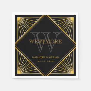Guardanapo De Papel Art Deco Gatsby Black Dourado Monograma Casamento