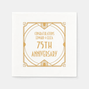 Guardanapo De Papel Art Deco Nome 75.º Aniversário Dourado Branco