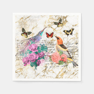 Guardanapo De Papel Arte de Aves Vintage, Flores - Letras Velhas - Des