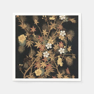 Guardanapo De Papel Arte Floral Outonal em Preto e Dourado Vintage Jap