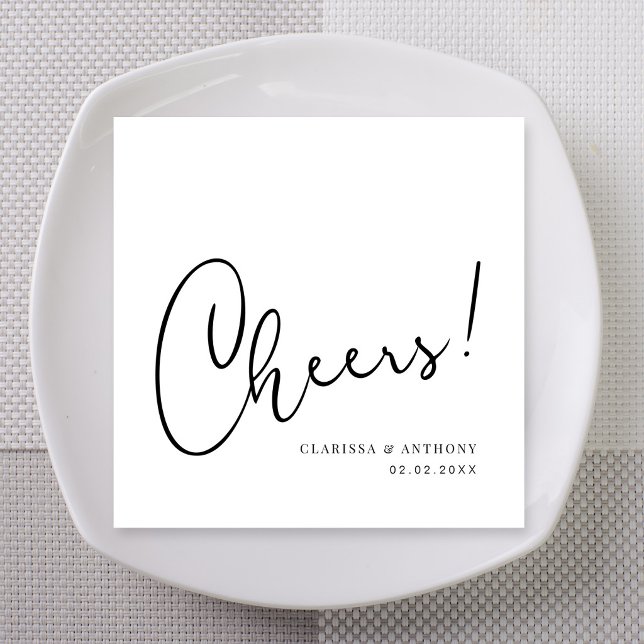 Guardanapo De Papel Arte Manual de Letras de Aplausos: Expressivo e Ou (Modern black script Cheers wedding cocktail napkin with couple's names and date)