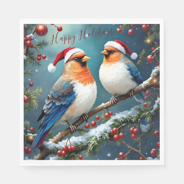 Guardanapo De Papel Artistic Holiday Christmas Birds With Santa Hats (Frente)
