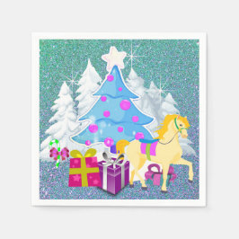 Guardanapo De Papel Árvore de Natal com Cavalo e presentes FAUX Glitte