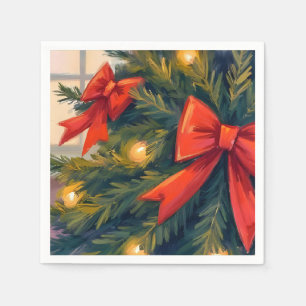 Guardanapo De Papel Árvore de Natal com Laços Vermelhos Aquarela Natal