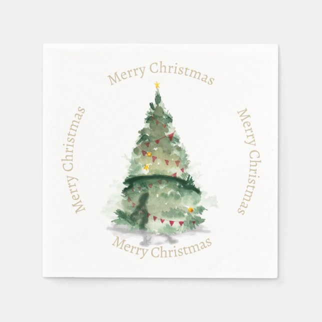 Guardanapo De Papel Árvore de Natal de Aquarela com saudação de Natal (Frente)