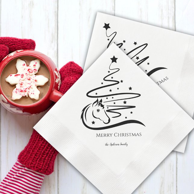 Guardanapo De Papel Árvore de Natal de cavalo, branca-negraEquestre (Horse Christmas tree paper napkins with personalized text)
