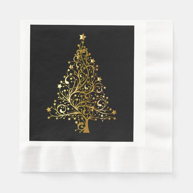 Guardanapo De Papel Árvore de Natal Feliz Estrelas Douradas Chic Negra (Frente)