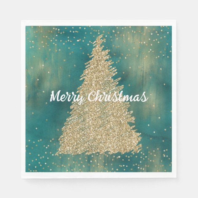 Guardanapo De Papel Árvore de Natal Glitter Dourado Verde Teal (Frente)
