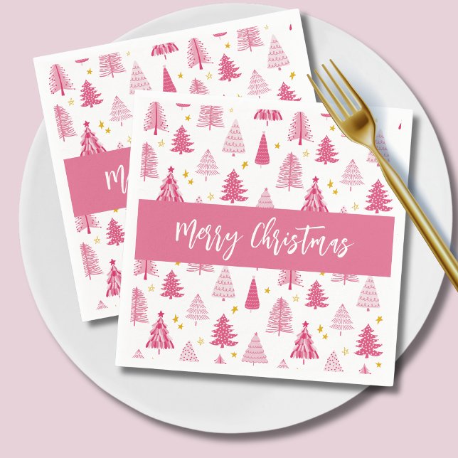 Guardanapo De Papel Árvore de Natal rosa de Natal (Pink christmas tree winter forest Merry Christmas Holiday Paper Napkins)