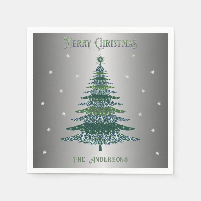 Guardanapo De Papel Árvore de Natal Verde Nome Personalizado Silver Fo (Frente)