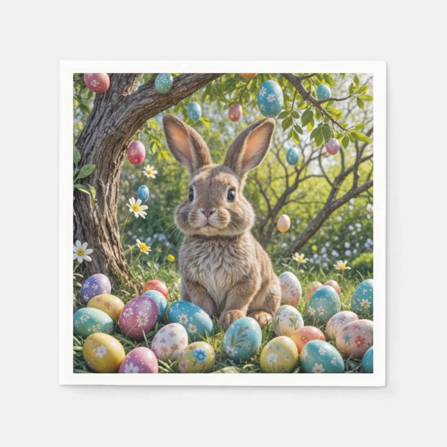 Guardanapo De Papel Árvore De Ovo De Páscoa Com Coelho (Frente)