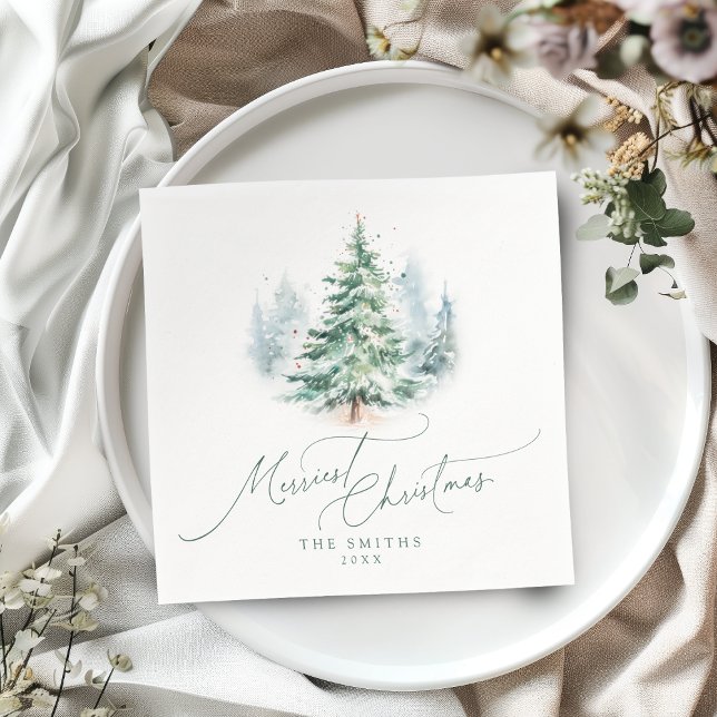 Guardanapo De Papel Árvore de Pinheiro Moderno com Feliz Natal (Modern Script Pine Tree Merriest Christmas Napkins)