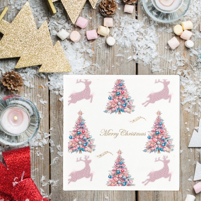 Guardanapo De Papel Árvores de Natal e Rena de Natal Pastel (Pastel Christmas Trees and Reindeer Christmas Paper Napkins by the Olde Christmas Shoppe)