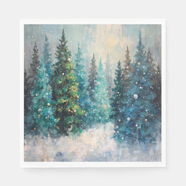 Guardanapo De Papel Árvores de Natal Verdes Floresta de Inverno (Frente)